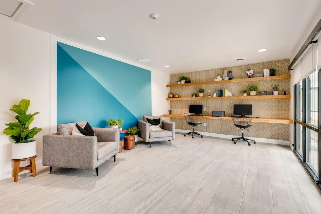 Business center with computer stations at Park at Canyon Ridge apartments in Arapahoe County, CO