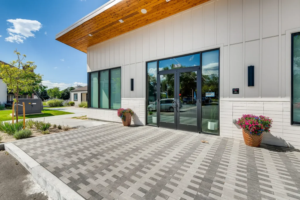 Leasing office exterior, double door with overhanging awning