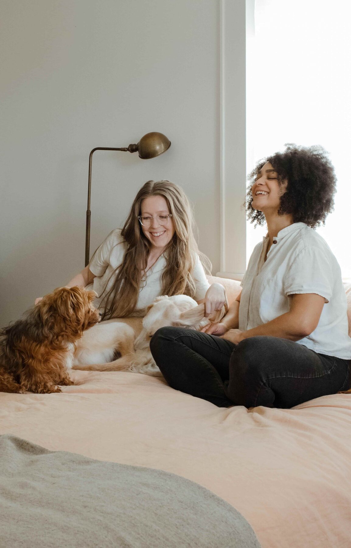 Two women sitting on a bed smiling and petting two dogs. A lamp is attached to the wall behind them, and sunlight comes through a window, creating a warm, relaxed atmosphere.